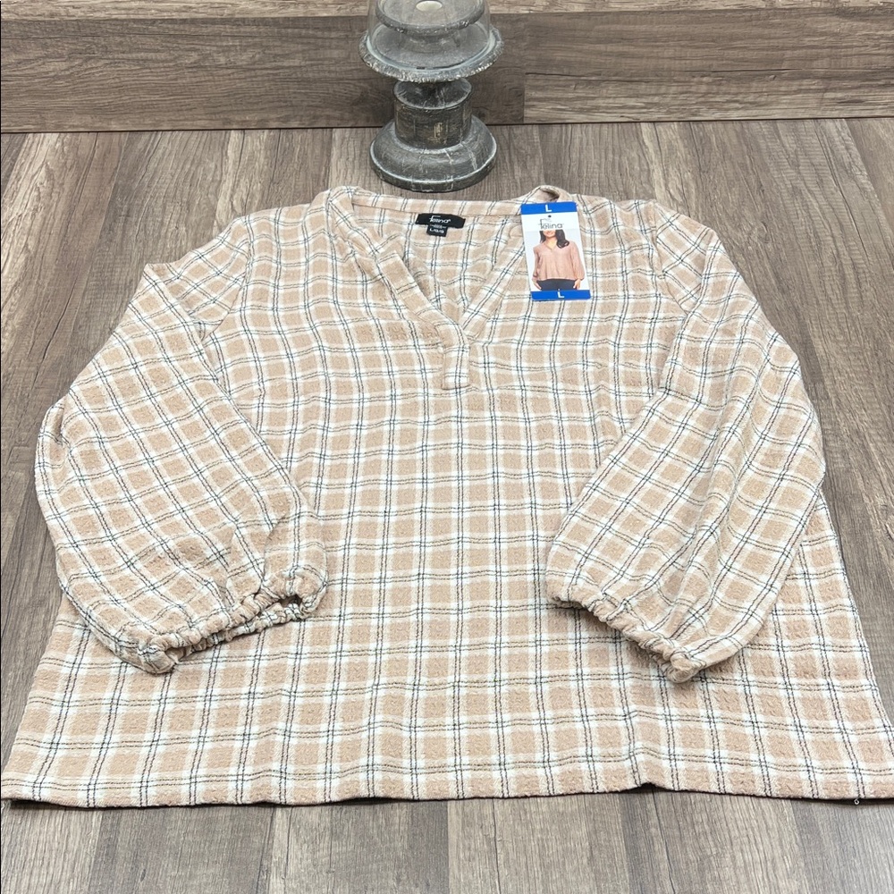 Felina Tan Checkered V-Neck Blouse